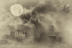 Zombie Rising Out Of A Graveyard cemetery In Spooky dark Night full moon. Holiday event halloween background concept.